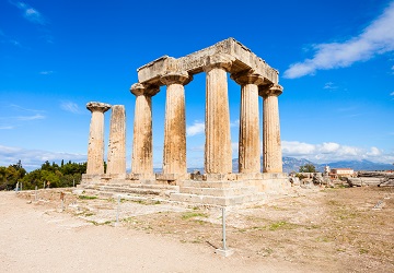 Temple of Apollo in Ancient Corinth Peloponnese peninsula Greece. Ancient Corinth was one of the largest and most important cities of Greece.