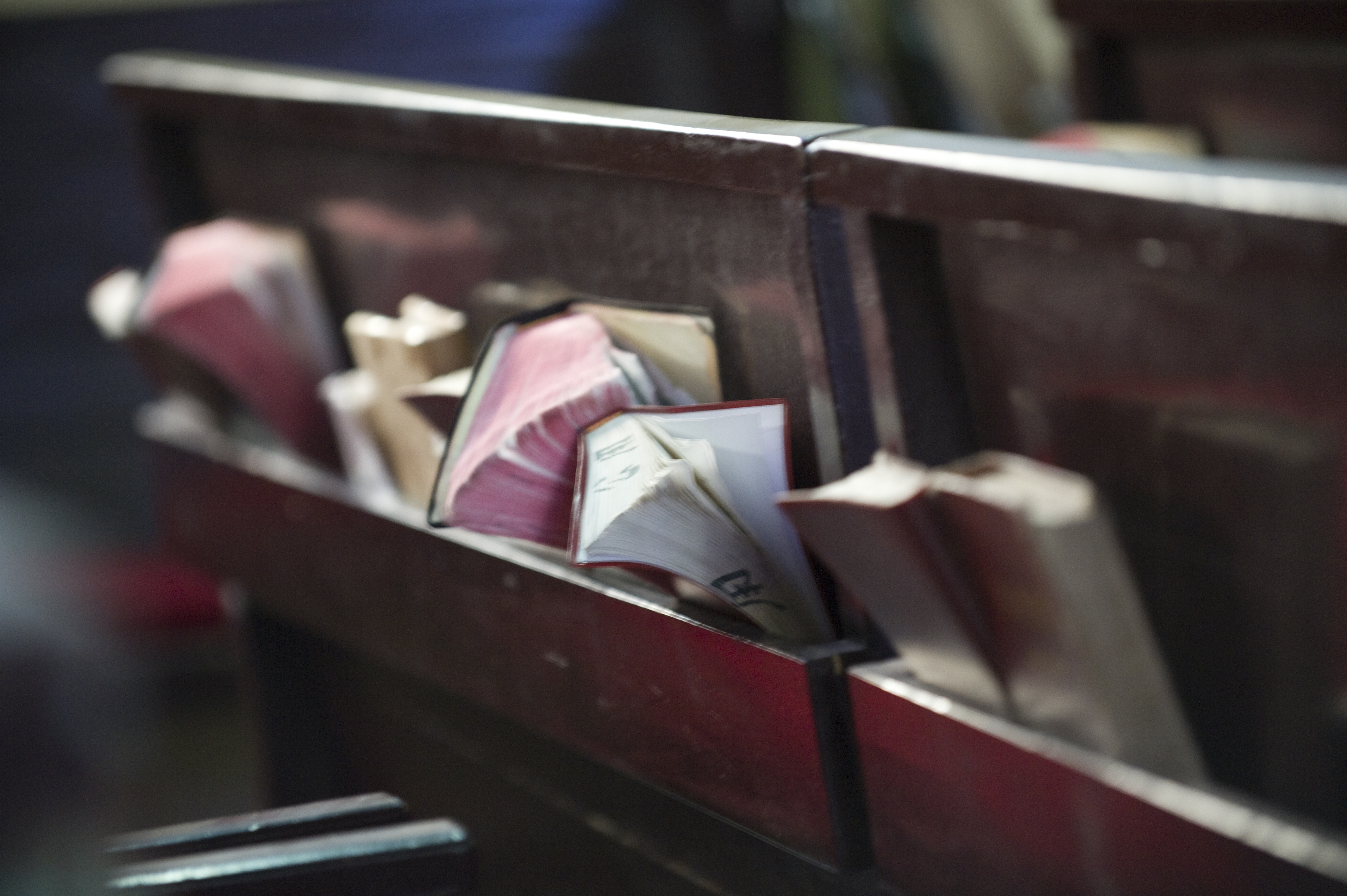 Pew Bibles at Gospel Hall Church in Zheng Jiang city, where Hudson Taylor, founder of China Inland Mission, lived and worked. Jiangsu Province, China. (c) Dag Smemo